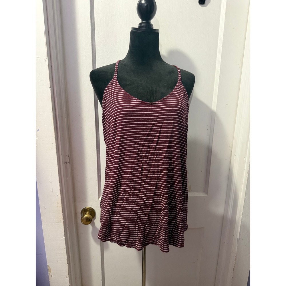 SO Burgundy and White Striped Sporty Tank Top XL Racerback Scoop Neck Casual
